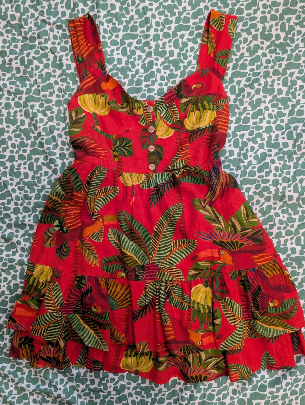 Farm Rio Deep Orange Red Tropical Print Leaf Toucan Bustier Sundress Button Tier